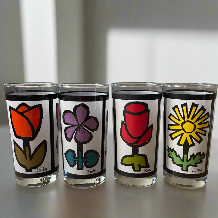 Vintage Anchor Hocking Happy Times Floral Glass Set – Tulip, Rose, Daisy, Violet (Set of 4)