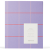A Notem notebook with a lavender cover featuring a minimalist grid pattern in light pink and thin coral-red horizontal lines, with a white paper label on the front displaying product details.