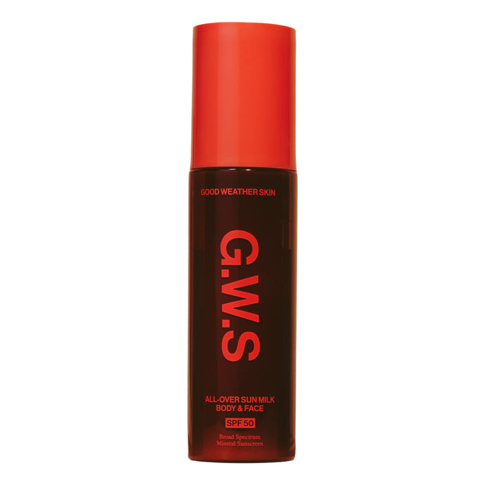 Red and black G.W.S. sun milk bottle on a white background
